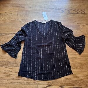 Timeson Wmn Black White Dotted Stripe V-Neck Bell Sleeve Blouse Top Medium NWT